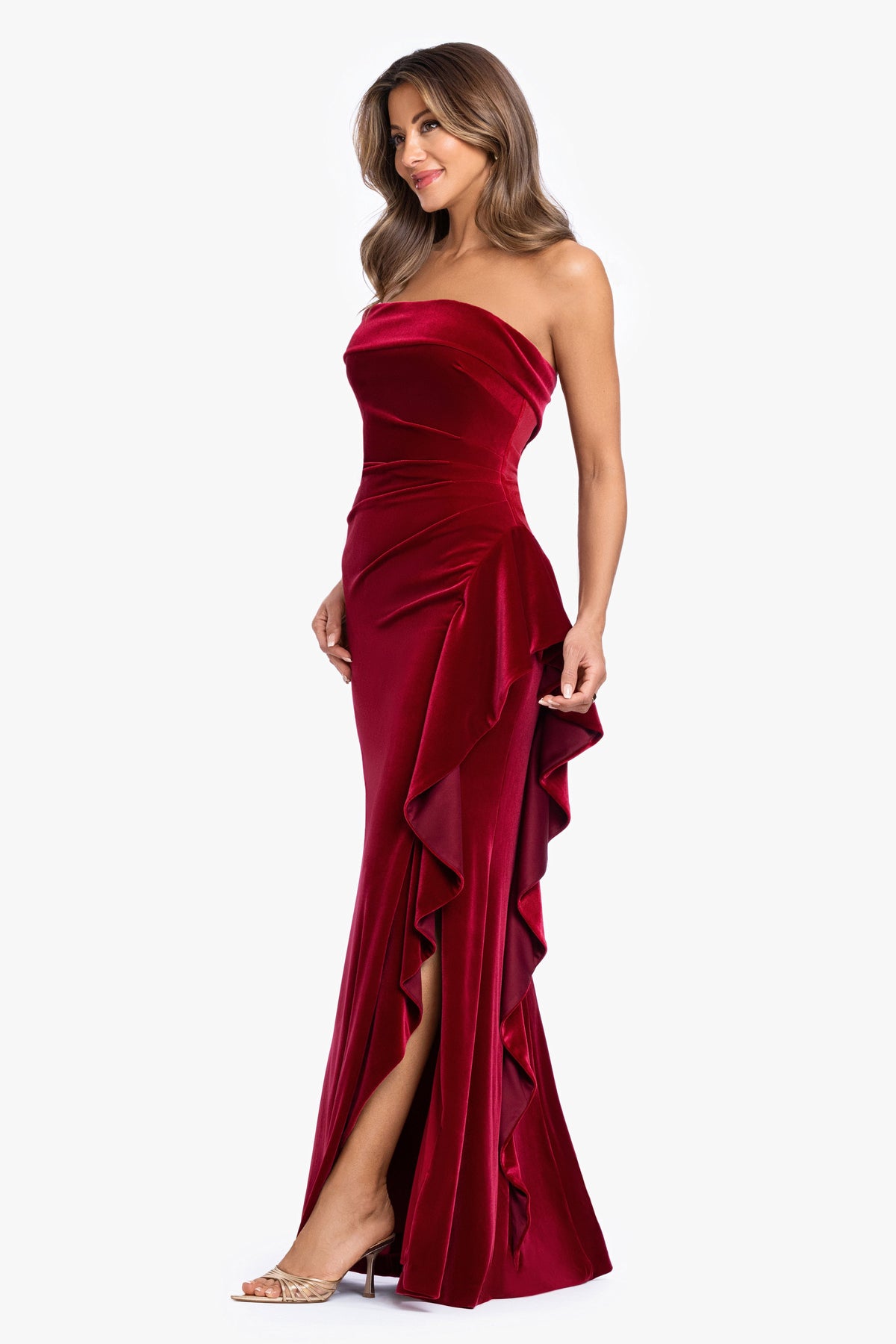 "Dillon" Stretch Velvet Strapless Dress Garnet