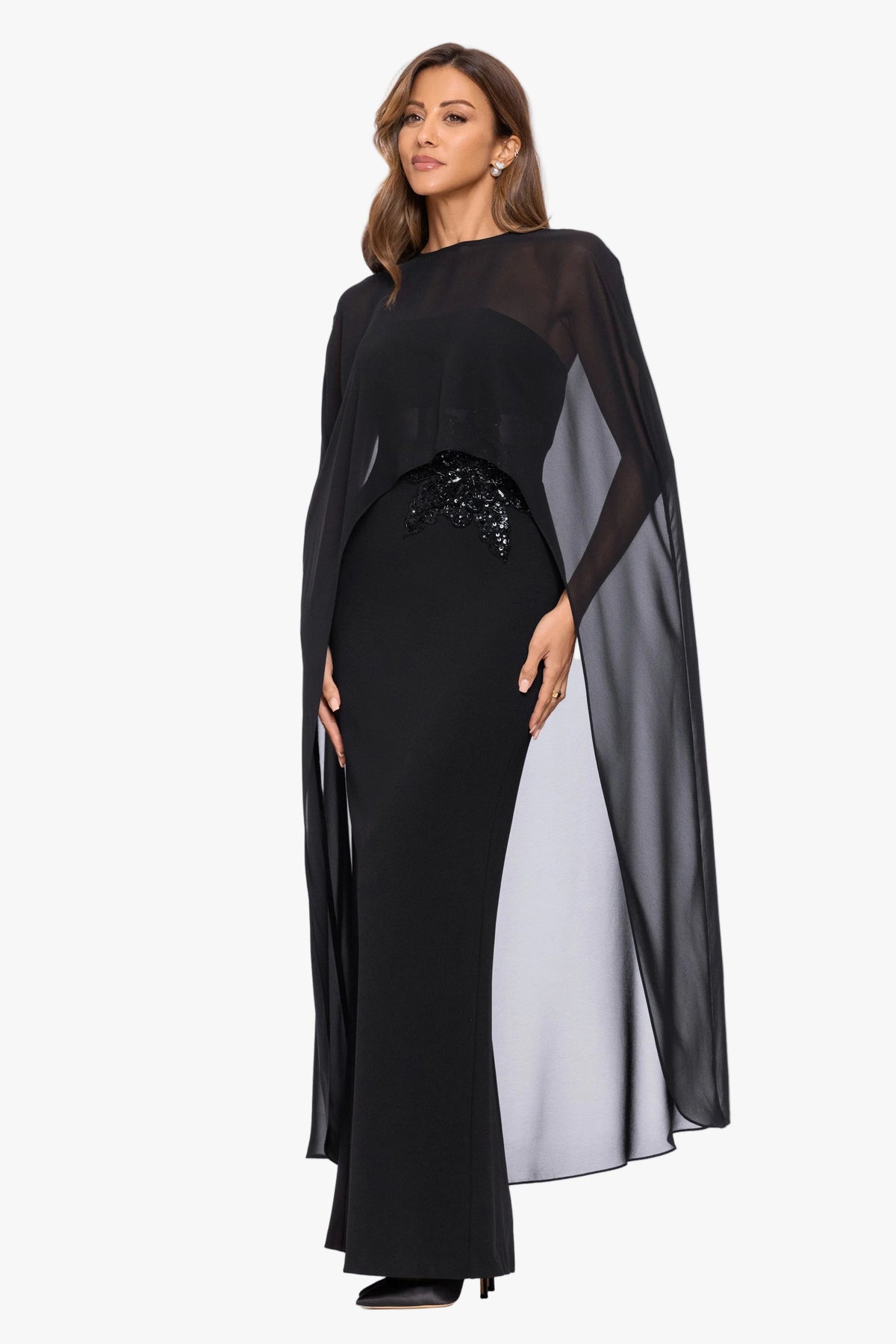 "Lee" Souffle Chiffon Long Cape Black