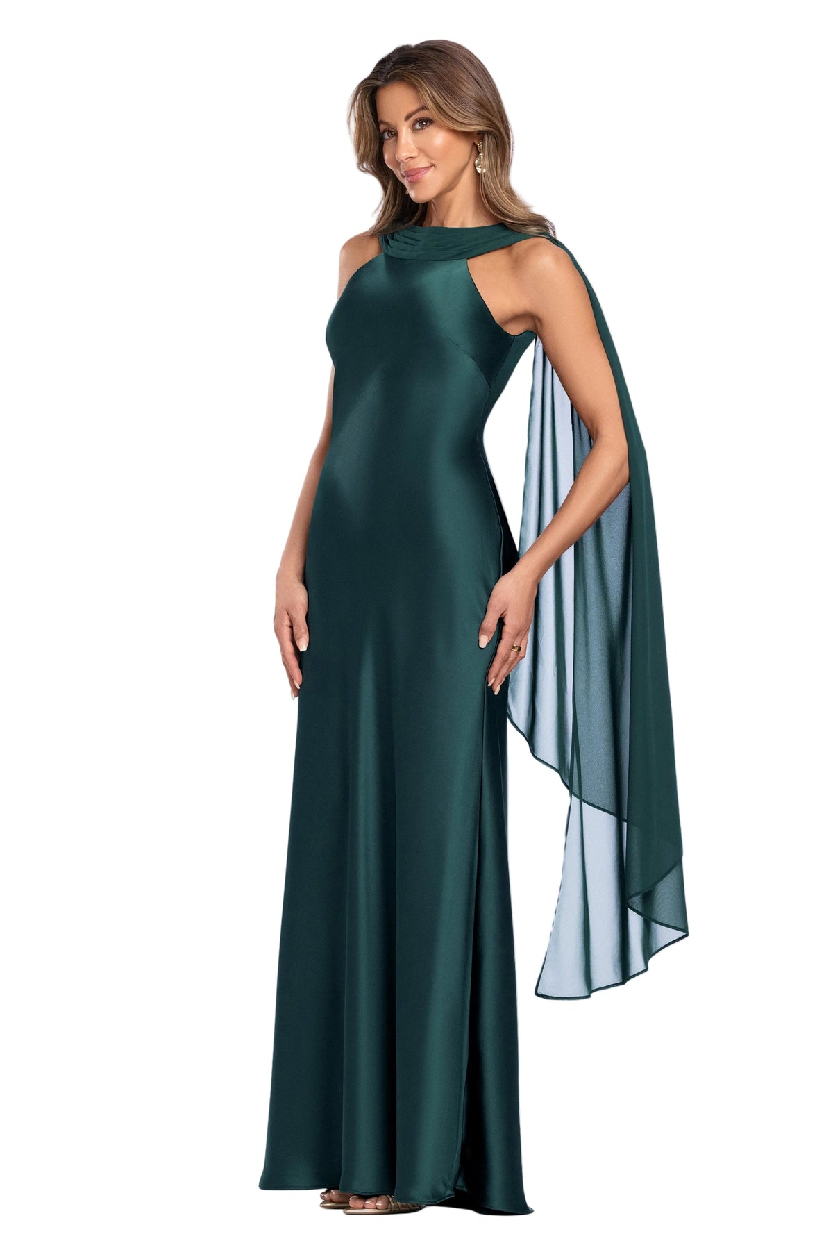 Petite "Monica" Satin & Hammered Chiffon Scarf Dress Hunter