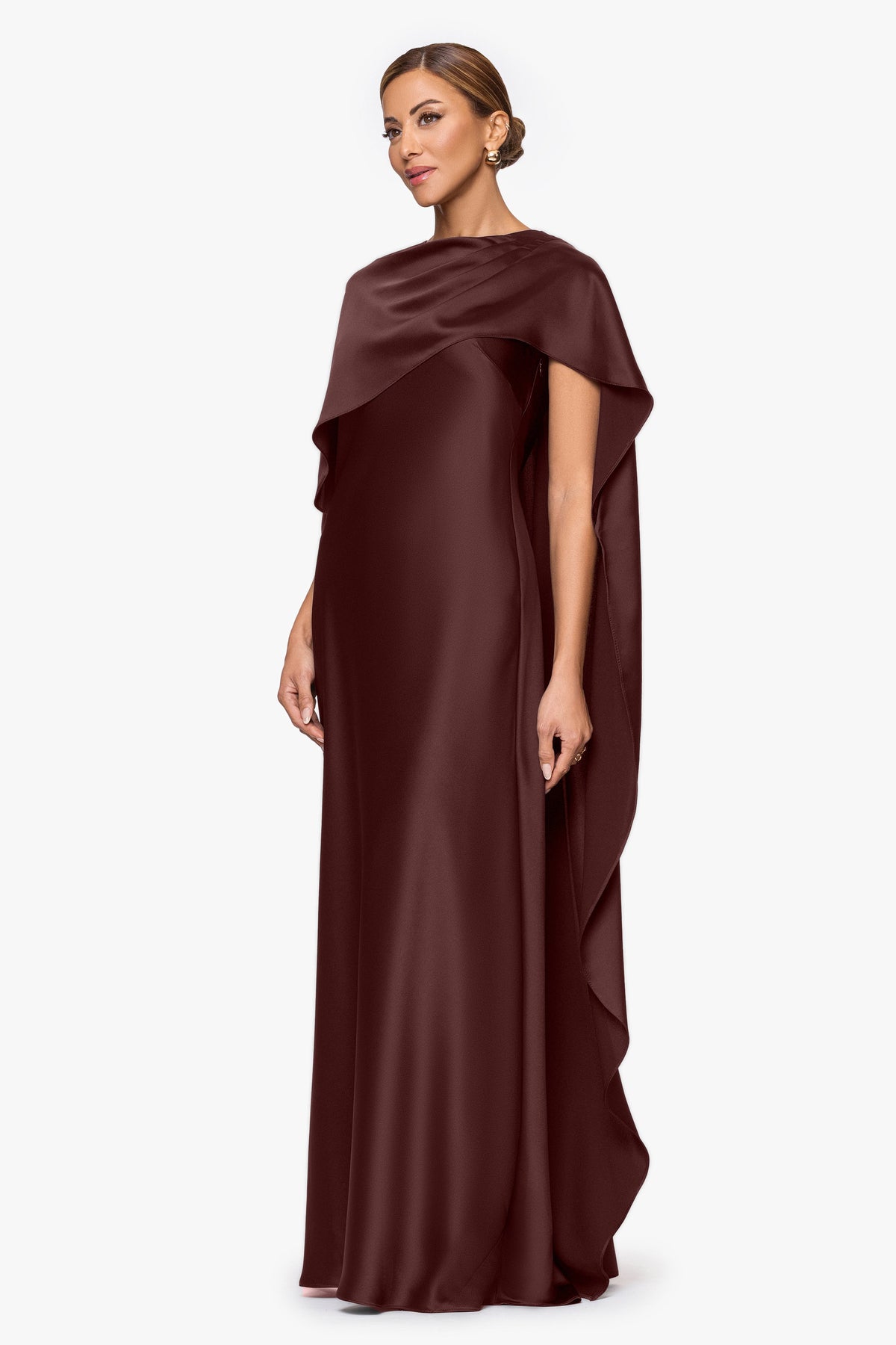 "Tallulah" Satin Overlay Cape Dress Chocolate