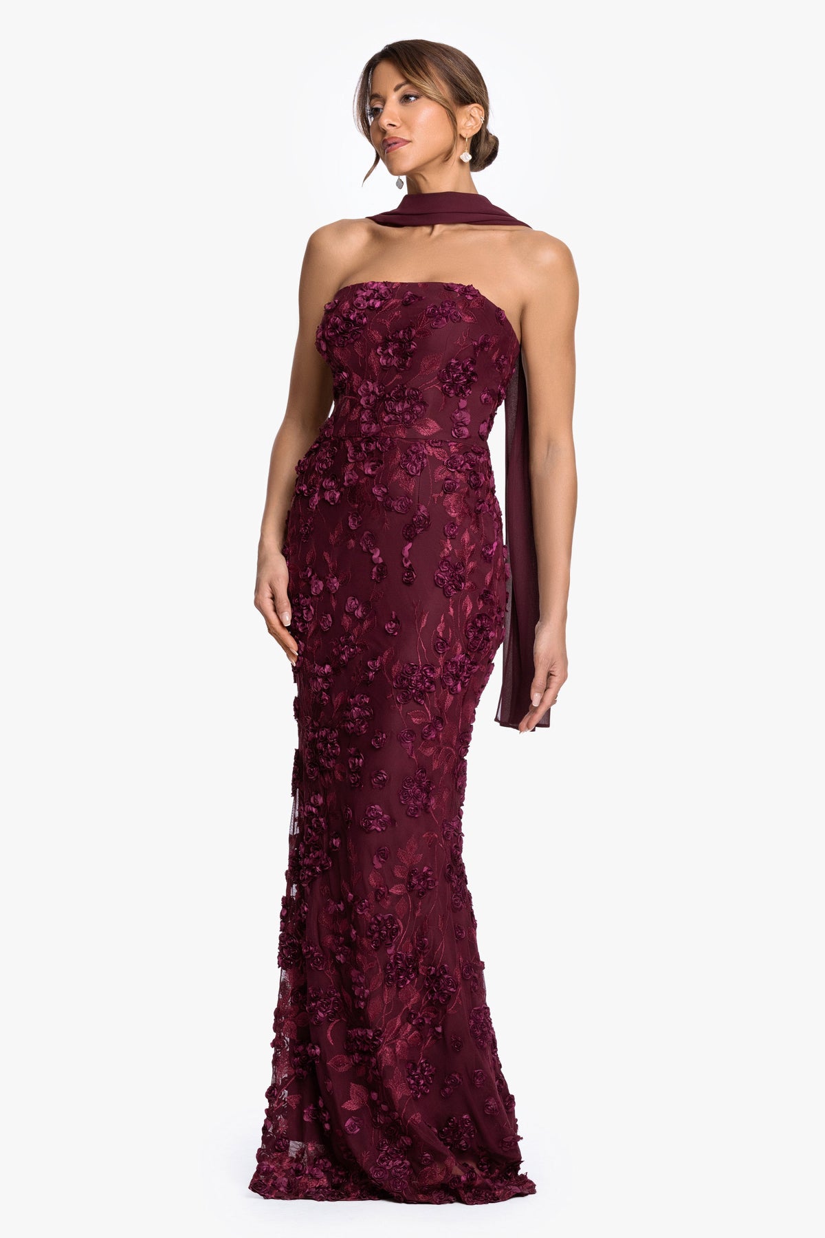 "" Soutache Mesh Strapless Dress With Chiffon Scarf Wine
