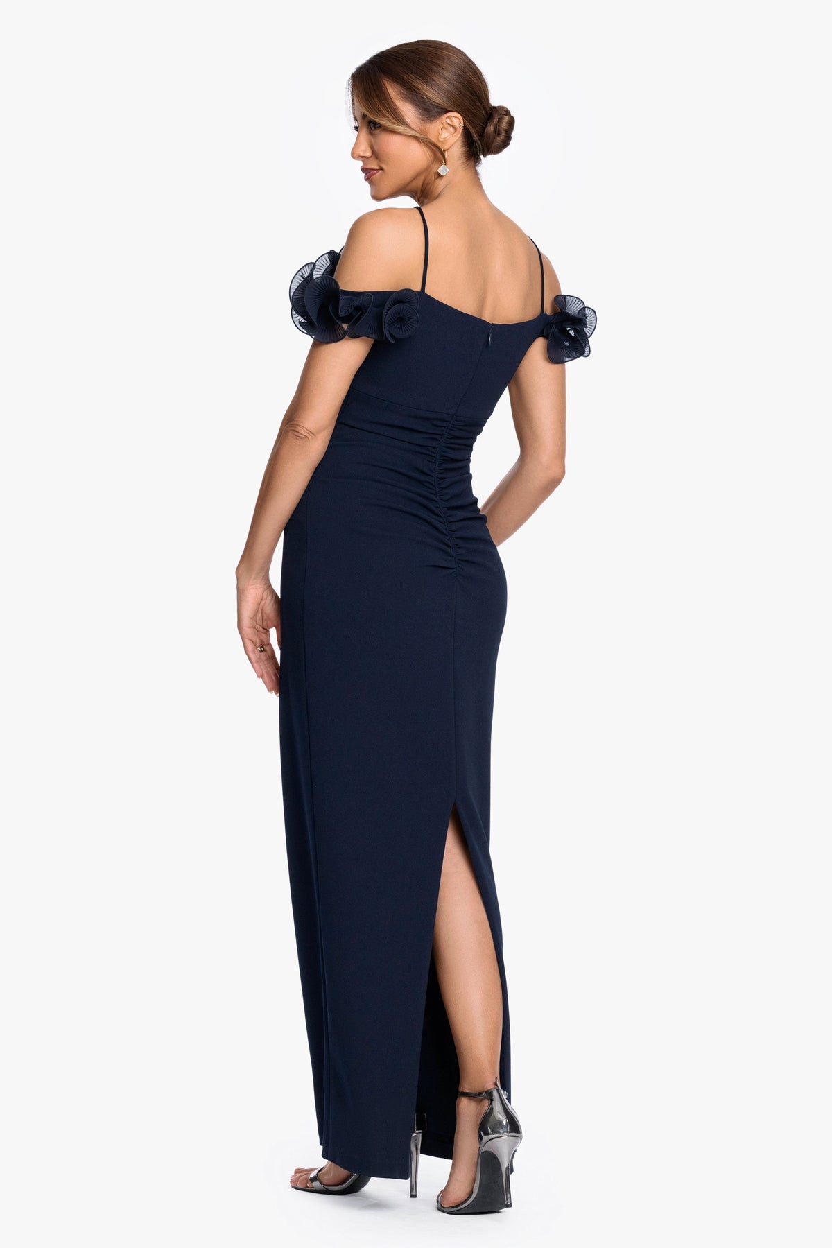 "Luna" Scuba Crepe & Chiffon Ruffle Dress Navy