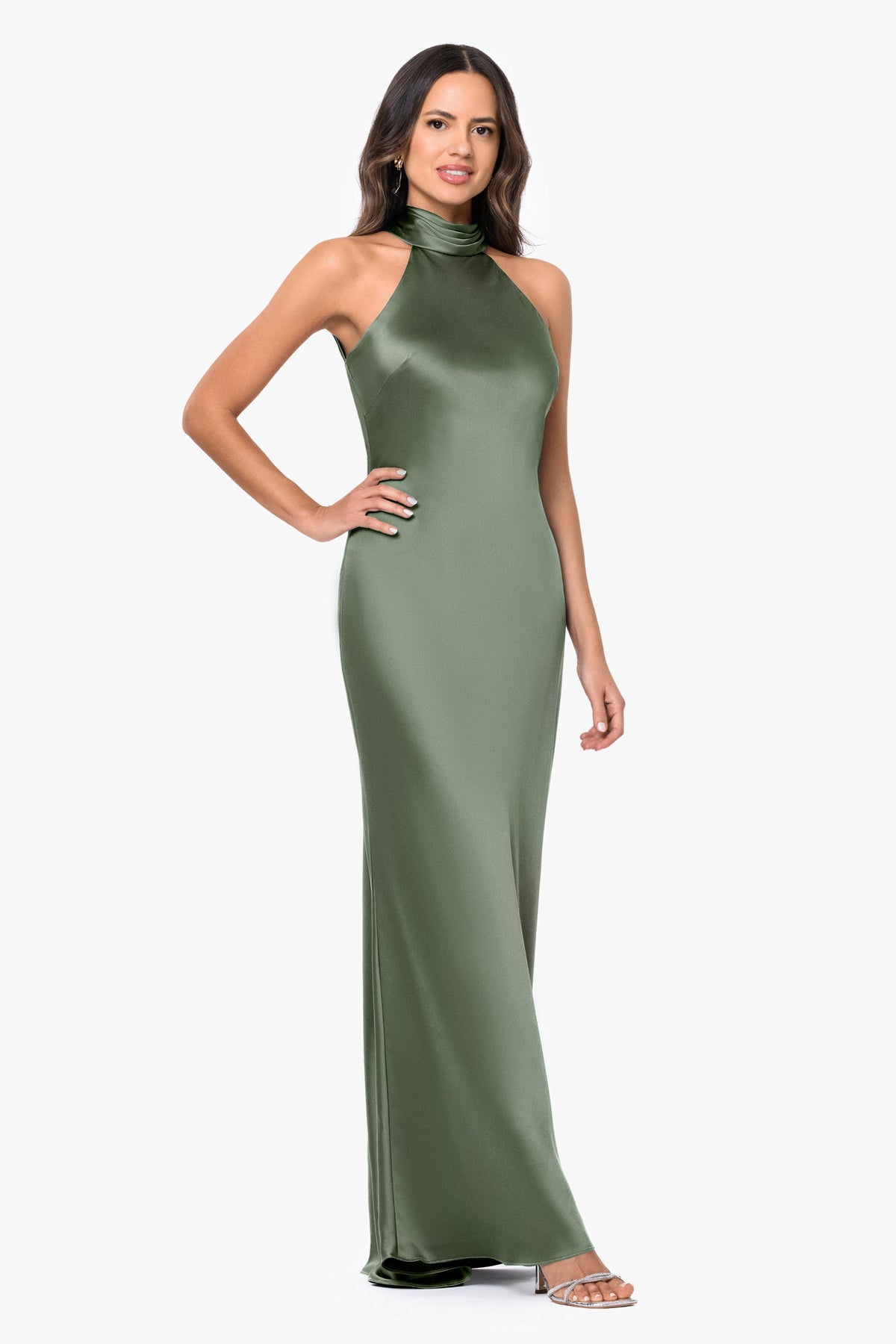 Petite "Ruth" Satin High Tie Neck Backless Dress Olive