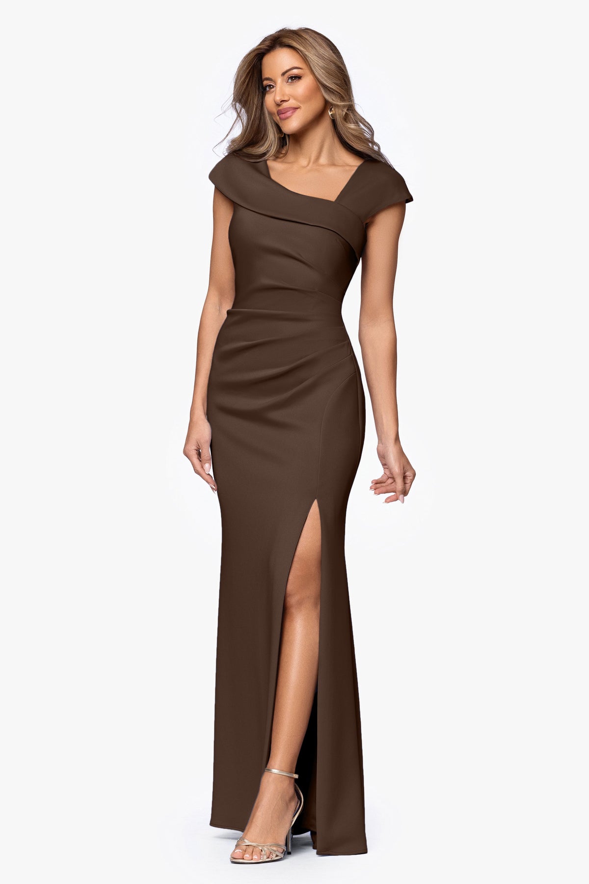 "Lenore" Techno Scuba Asymmetrical Neckline Dress Brown
