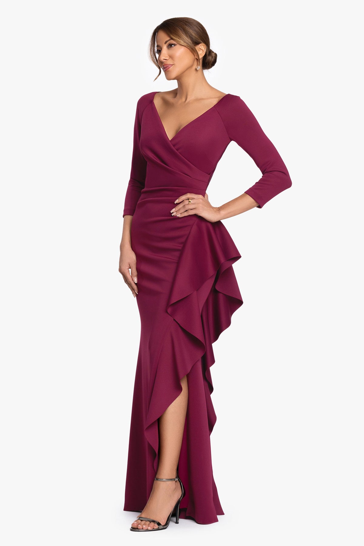 "Clarissa" Techno Scuba Long Sleeve Ruffle Dress Wine