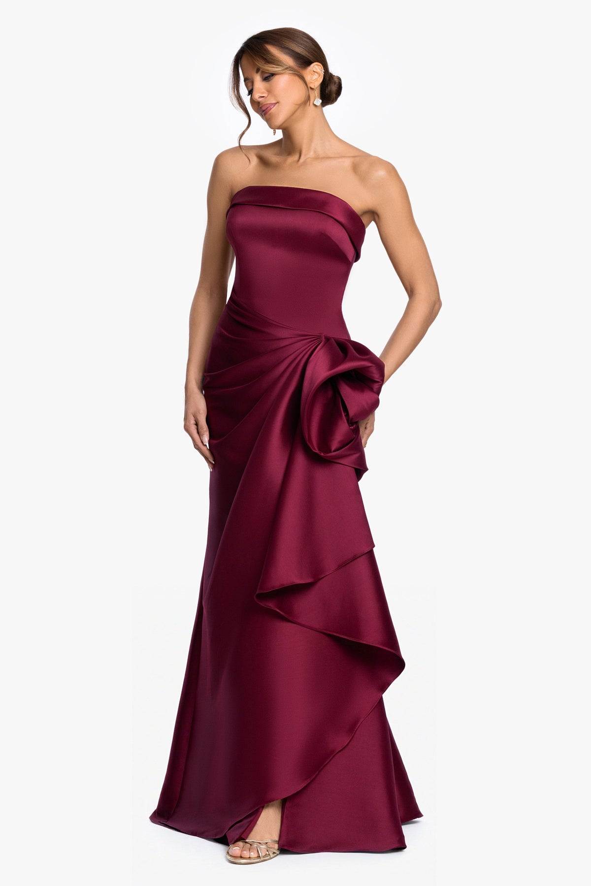 "Diana" Mikado Strapless Rouched Dress Wine