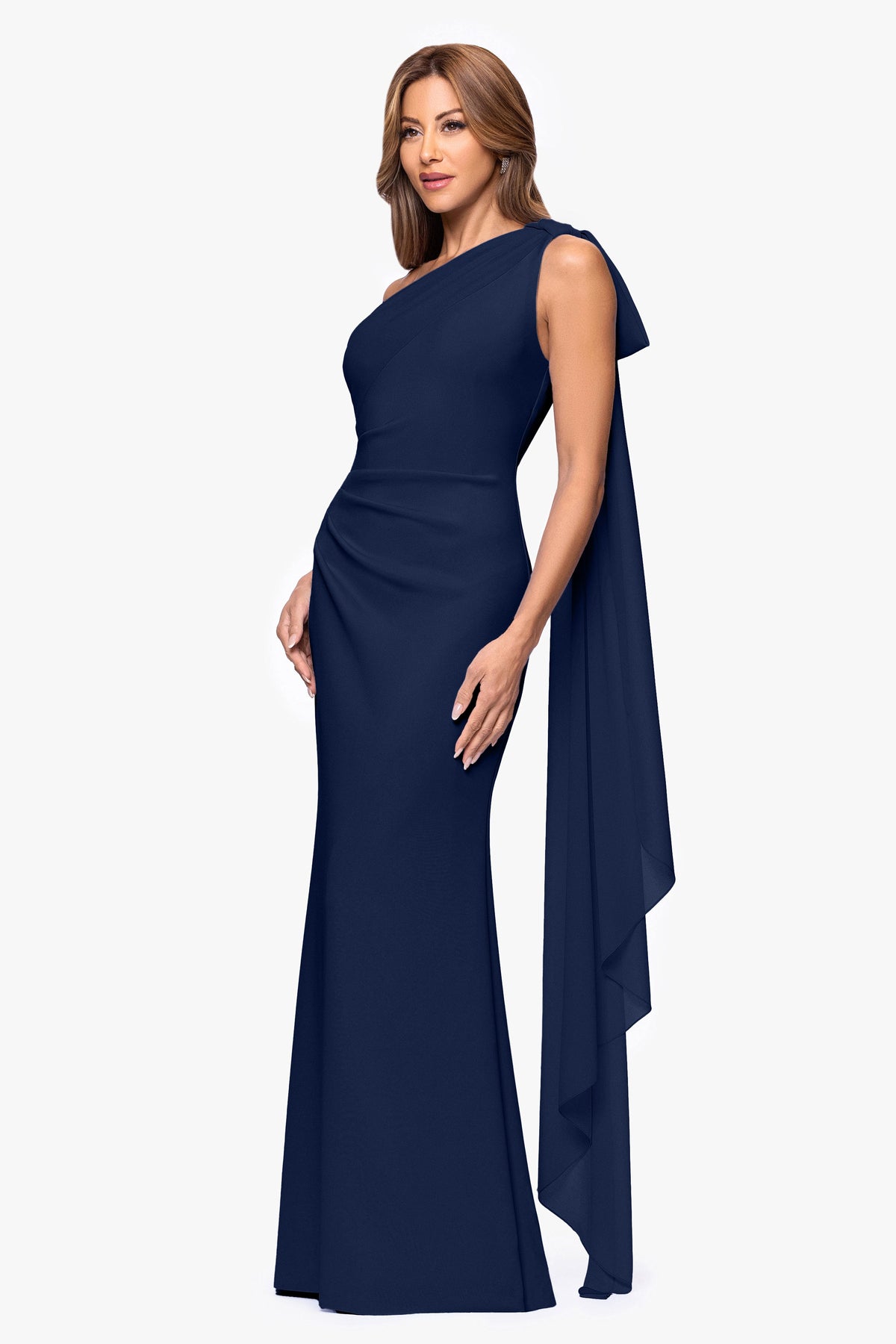 "Gwen" Techno Scuba One Shoulder Sash Dress Midnight