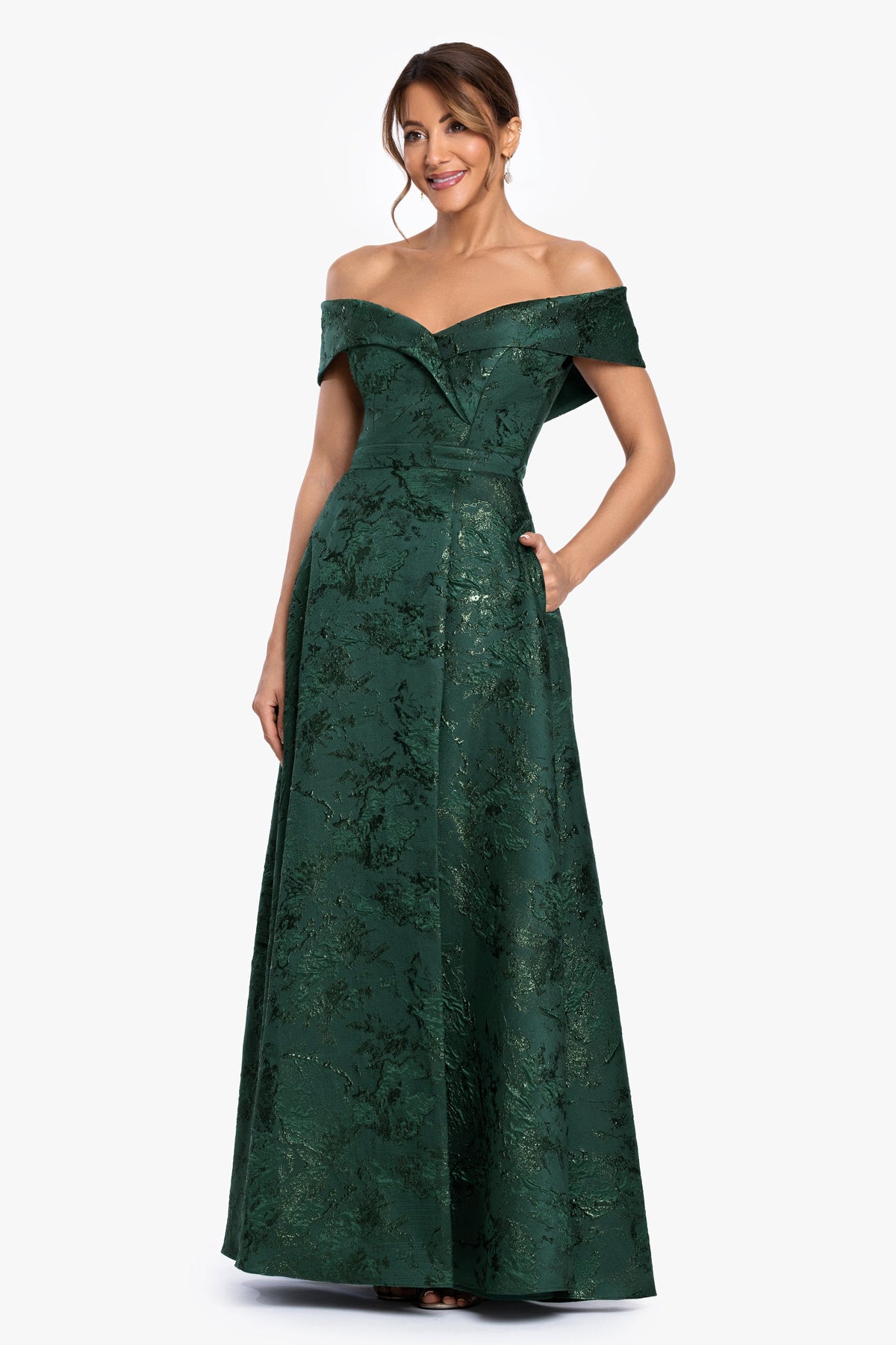 Petite "Daphne" Brocade Off Shoulder Dress Dark Green