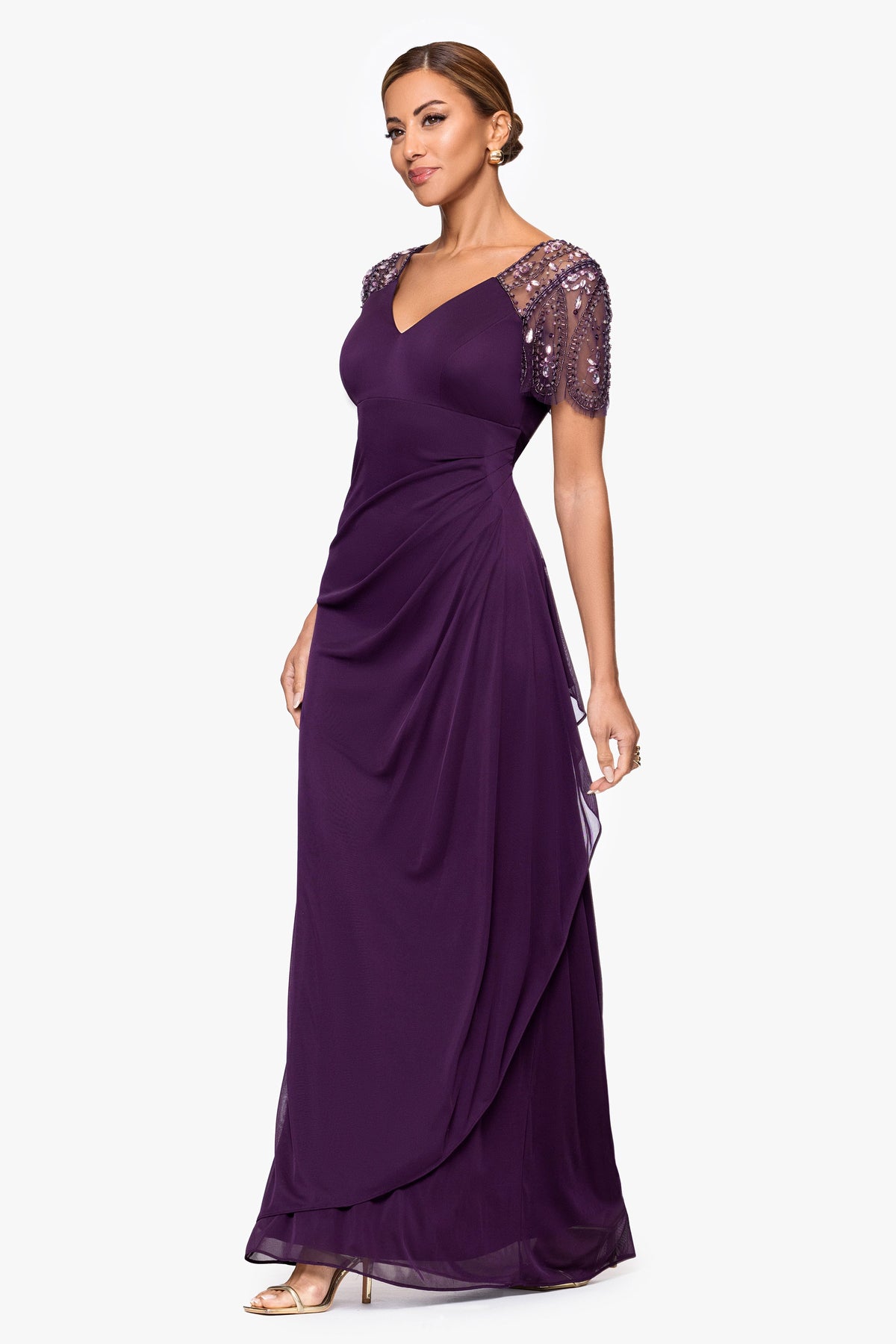 "Lana" Sheer Matte Jersey Beaded Flutter Sleeve Dress Neo Emerald