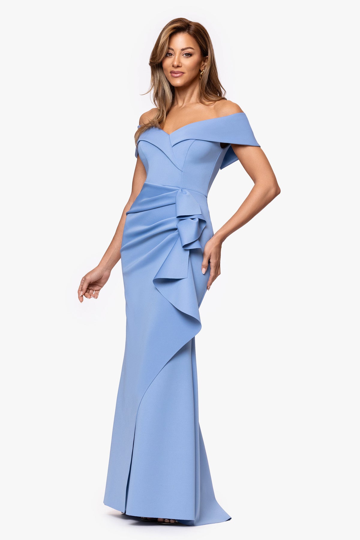 Petite "Patti" Techno Scuba Off The Shoulder Dress Slate