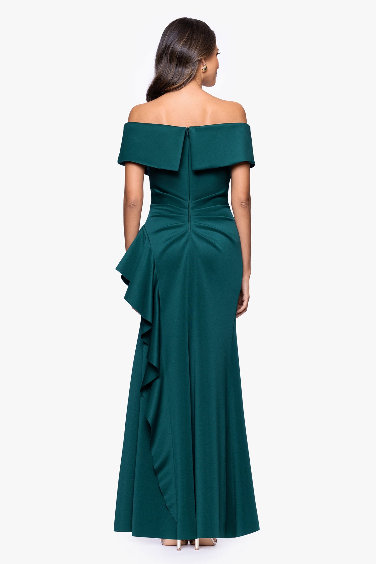 Petite "Pearl" Techno Scuba Off the Shoulder Ruffle Dress Hunter