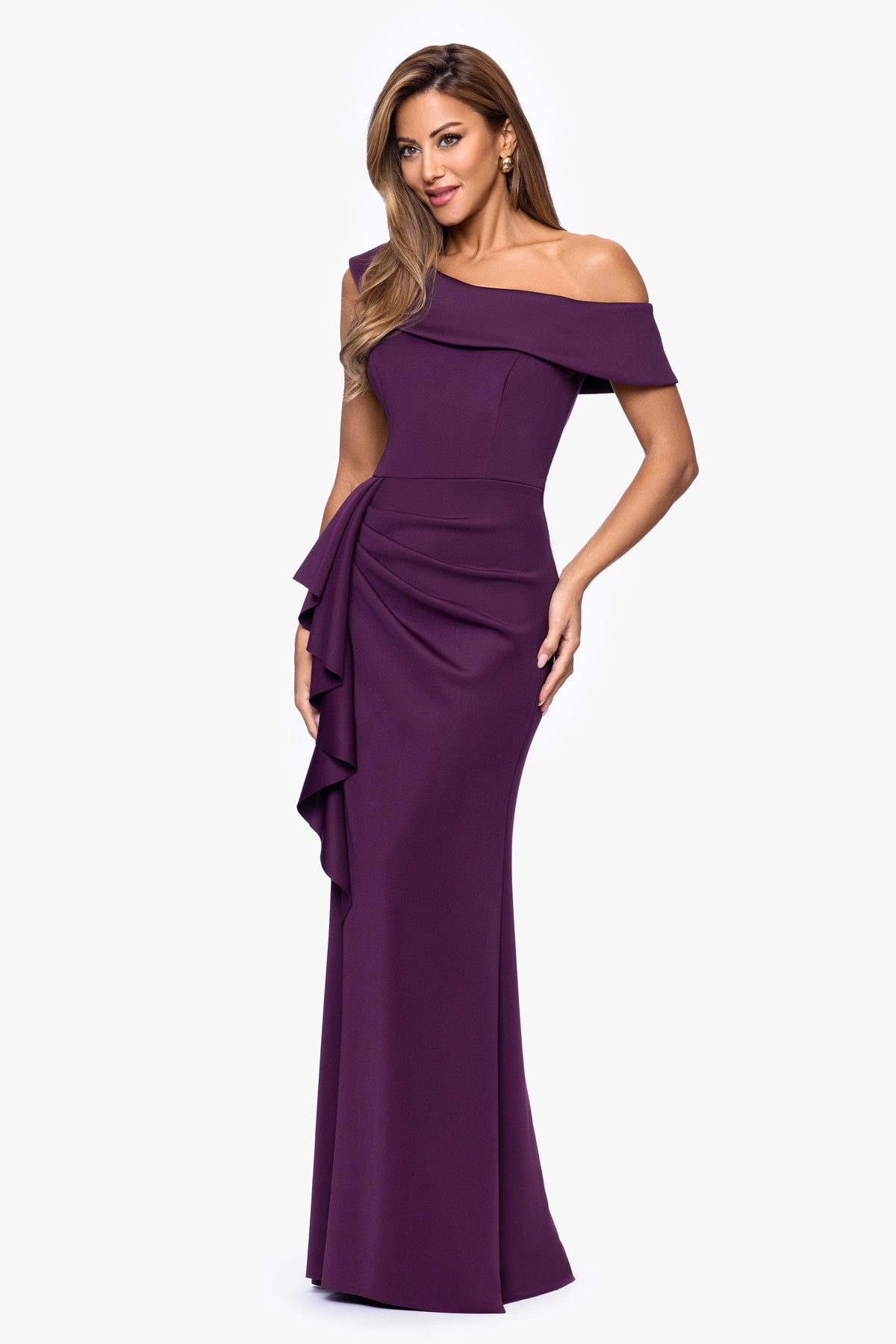 Petite "Valerie" Techno Scuba Off the Shoulder Ruffle Dress Plum