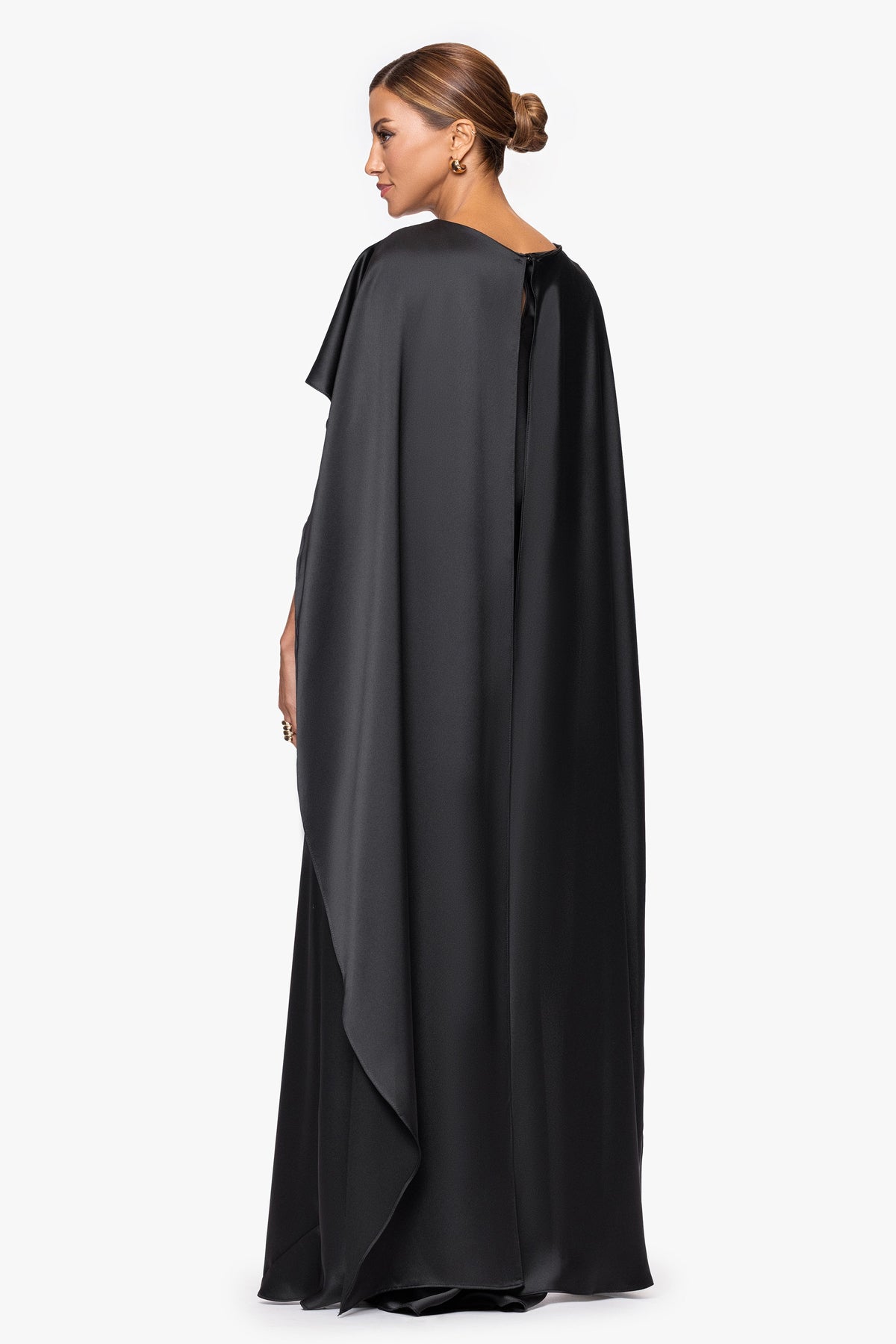 "Tallulah" Satin Overlay Cape Dress Black