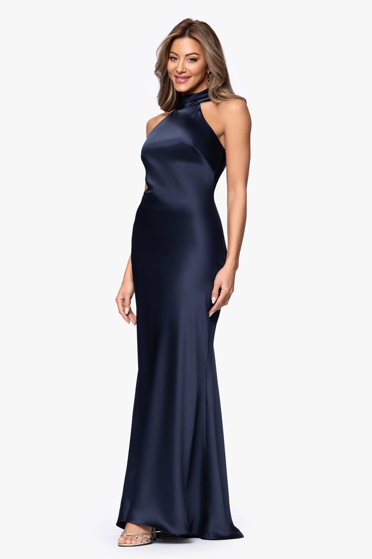 "Ruth" Satin High Tie Neck Backless Dress Navy