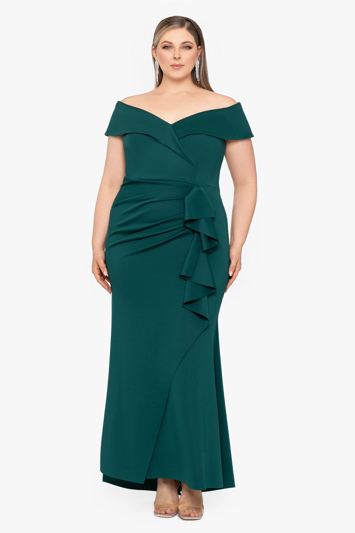 Plus "Patti" Techno Scuba Off The Shoulder Dress Midnight