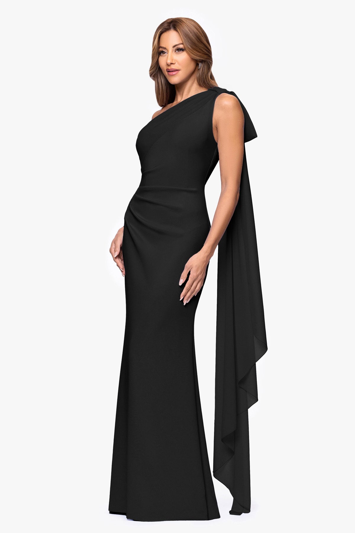 "Gwen" Techno Scuba One Shoulder Sash Dress Black