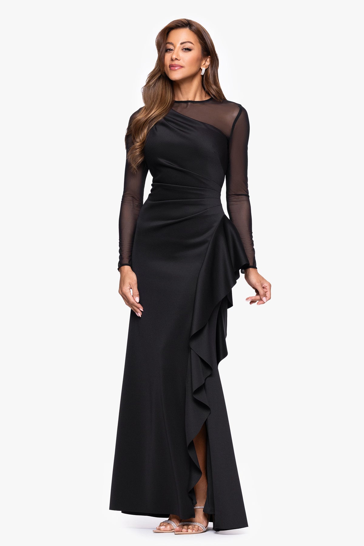 "Lyra" Techno Scuba Mesh Long Sleeve Dress Black