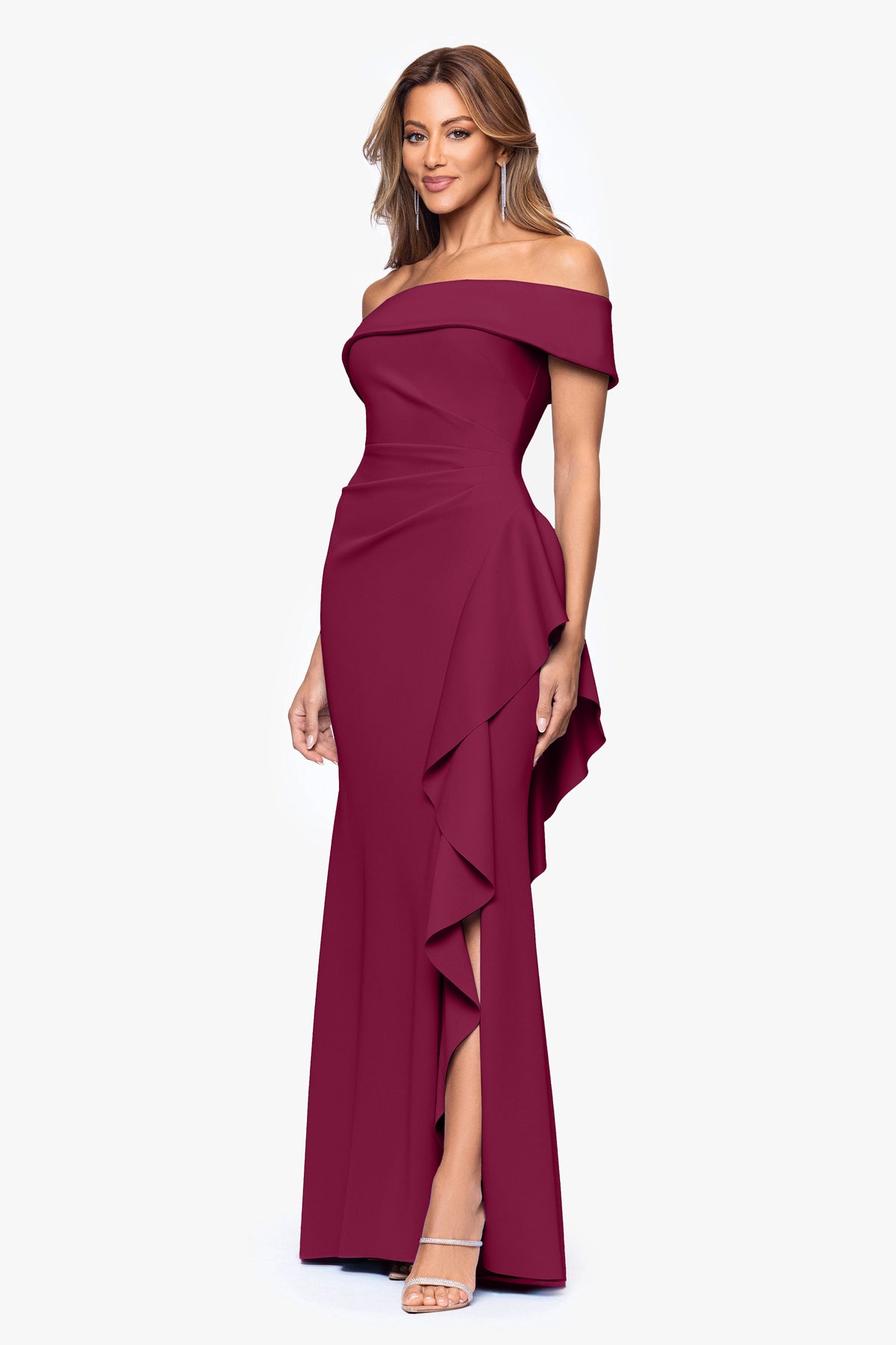 "Dolly" Techno Scuba Off The Shoulder Ruffle Dress Wine