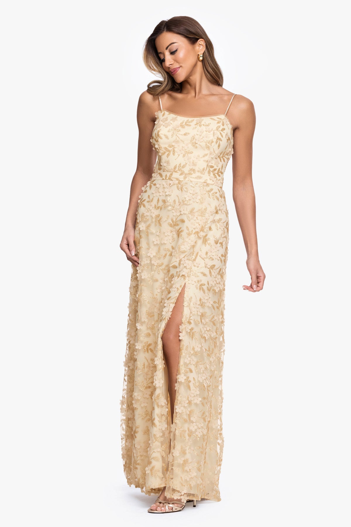 "Natalie" Flower Embellished Spaghetti Strap Gown Gold