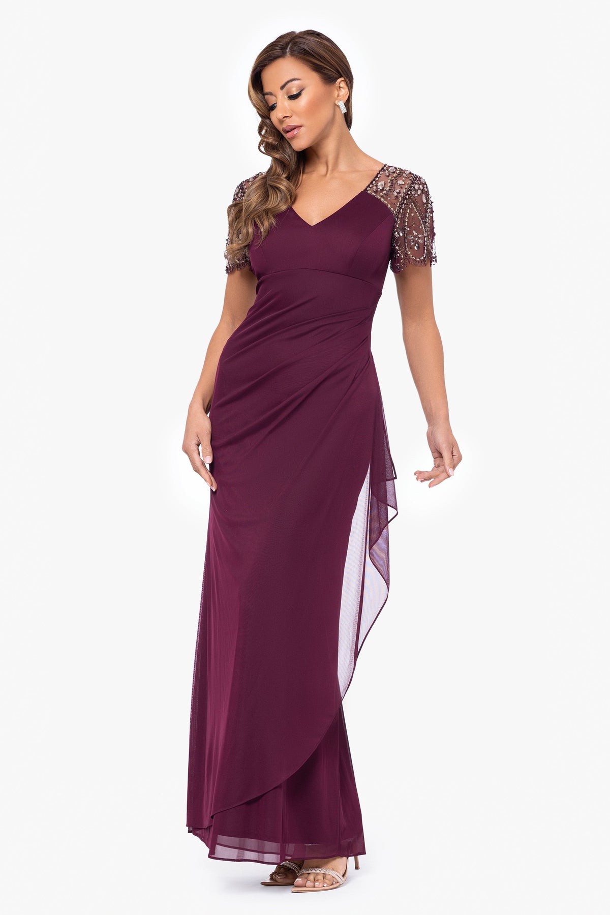 "Lana" Sheer Matte Jersey Beaded Flutter Sleeve Dress Wine