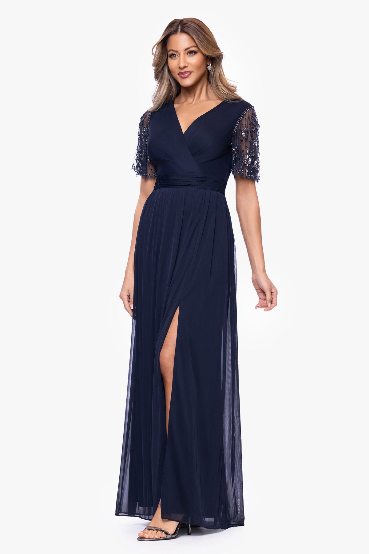 "Aurelia" Sheer Matte Jersey Mesh Beaded Sleeve Dress Navy
