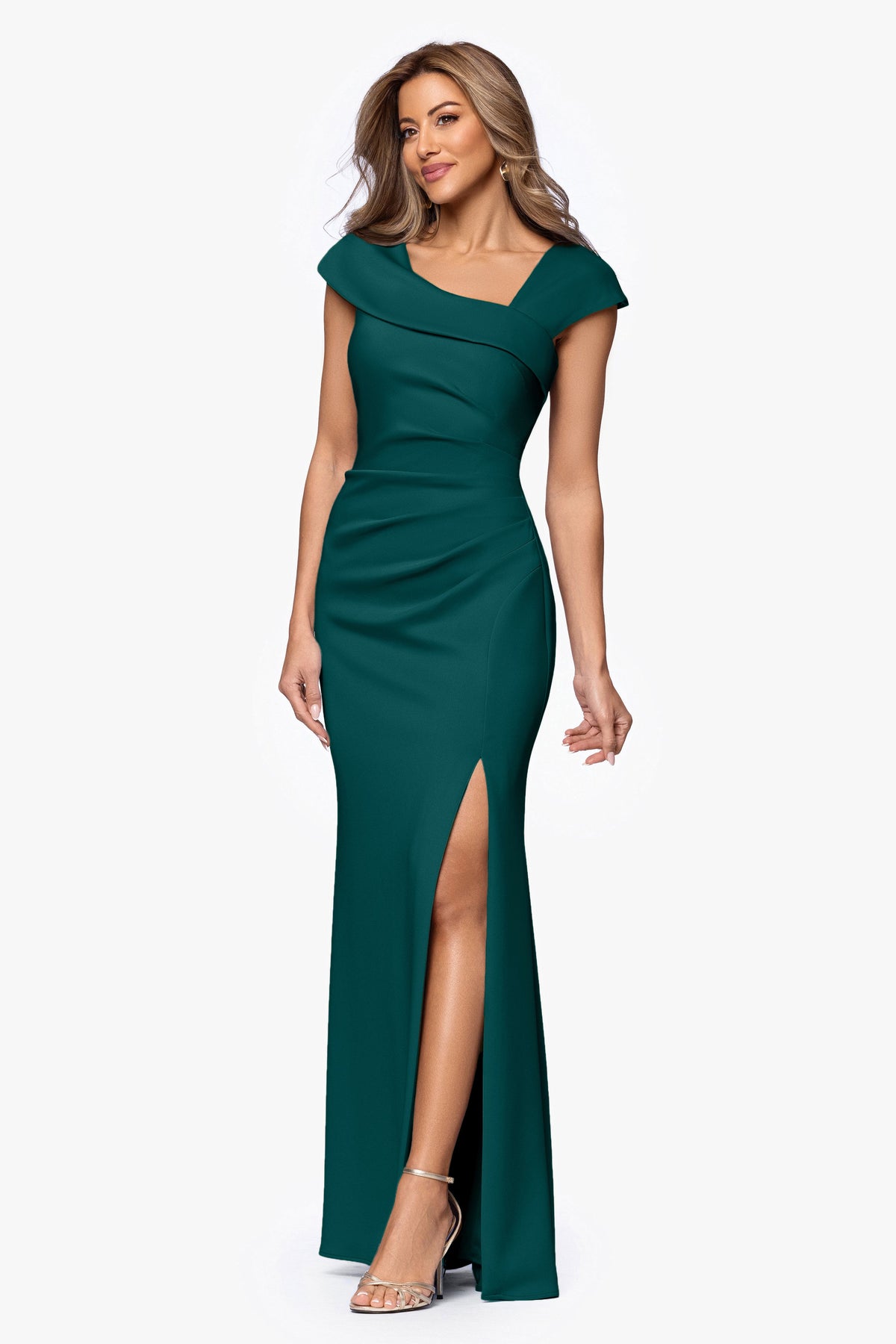 "Lenore" Techno Scuba Asymmetrical Neckline Dress Hunter