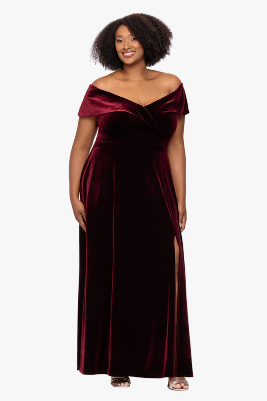 "Candace" Velvet Off Shoulder Gown Burgundy