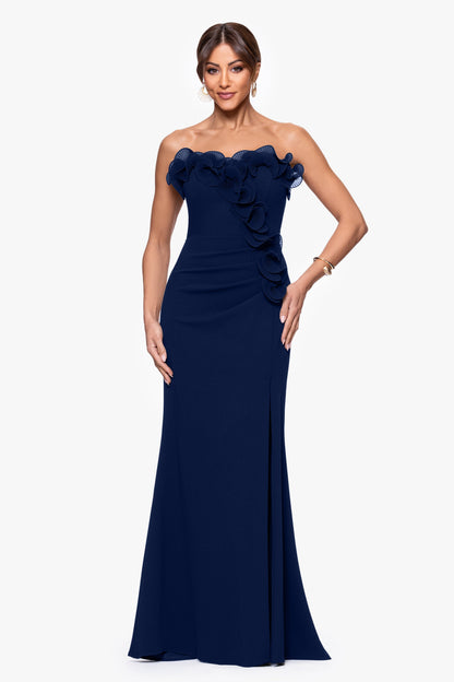 "Kimberly" Scuba Crepe Chiffon Ruffle Strapless Dress Navy
