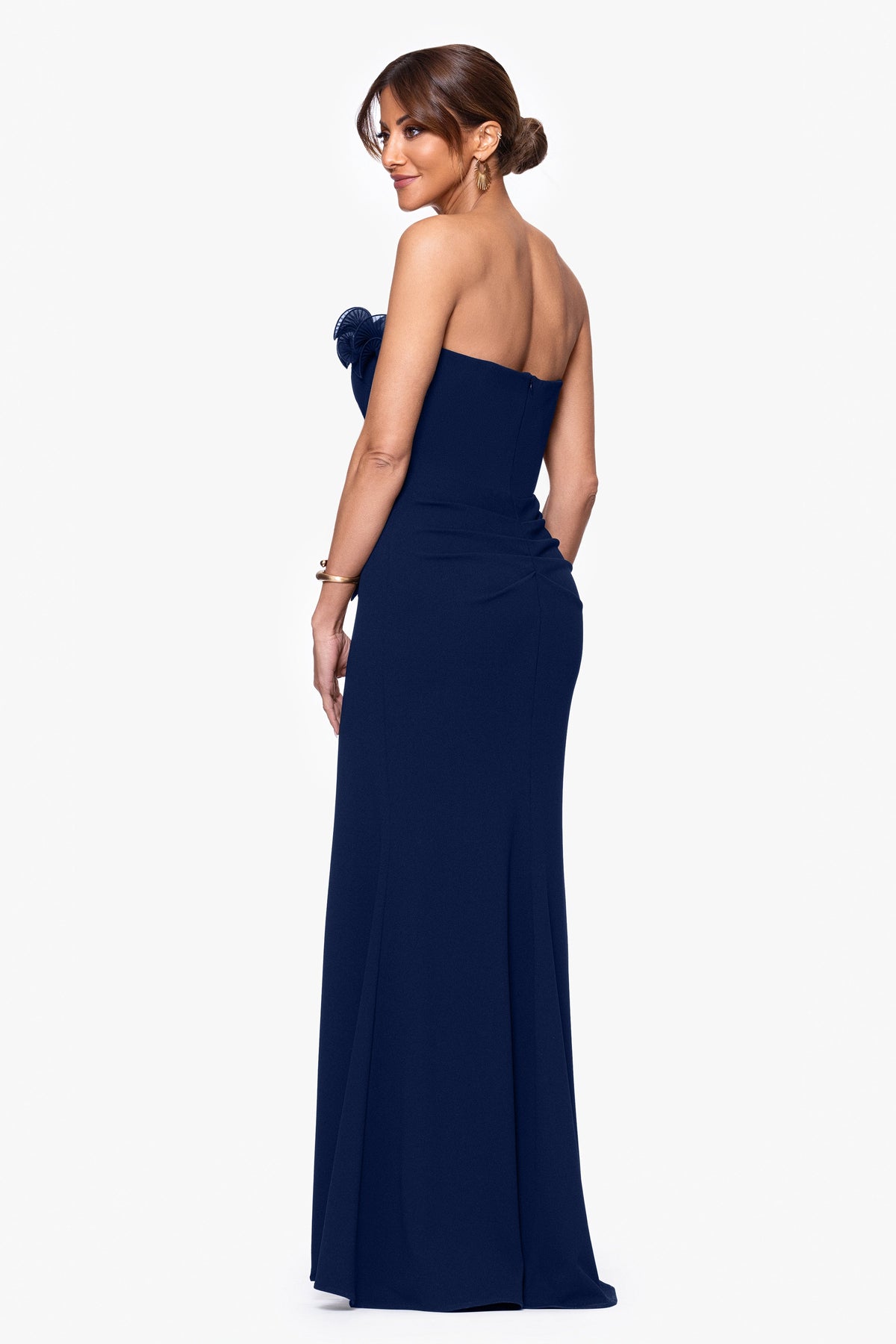 "Kimberly" Scuba Crepe Chiffon Ruffle Strapless Dress Navy
