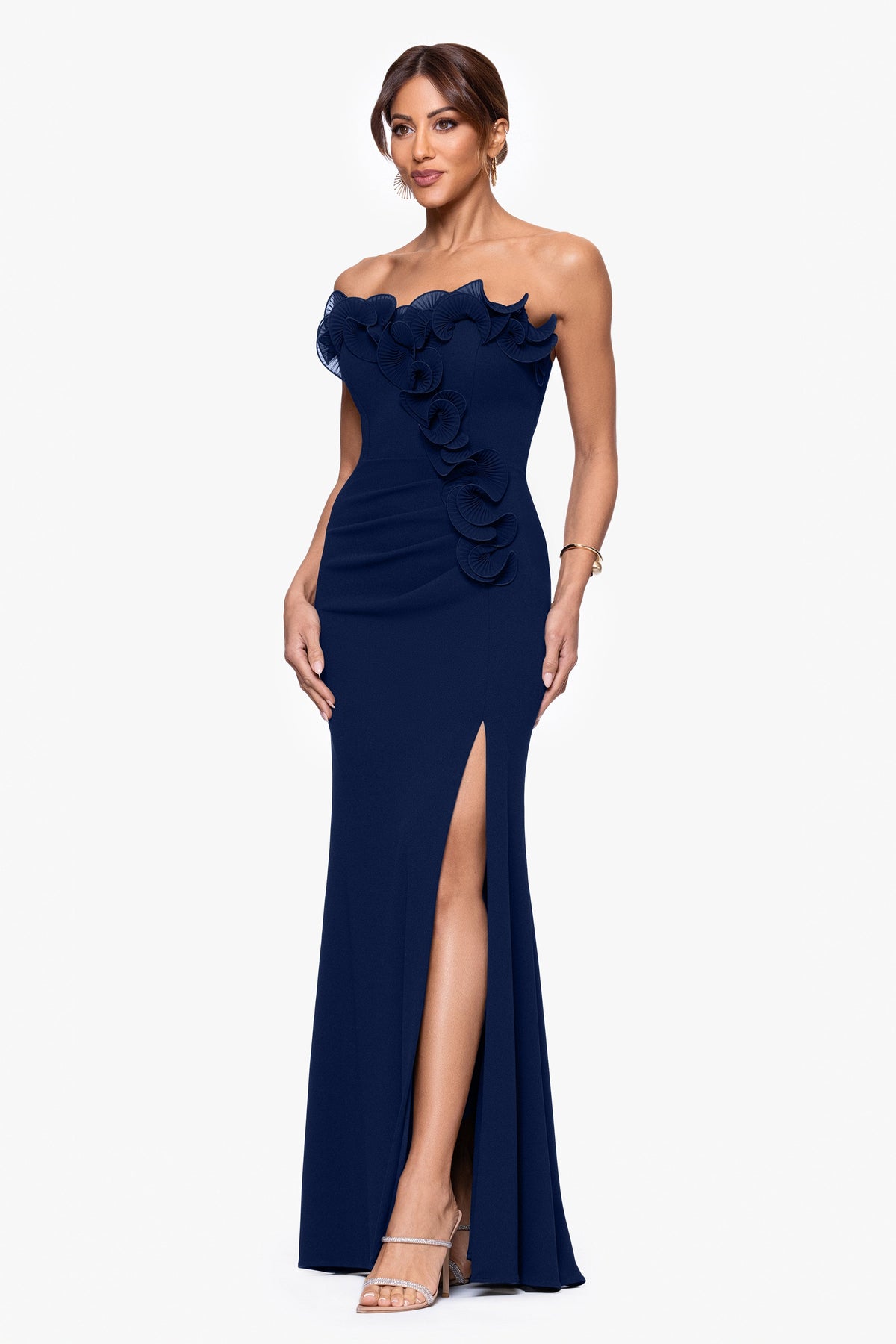 "Kimberly" Scuba Crepe Chiffon Ruffle Strapless Dress Navy