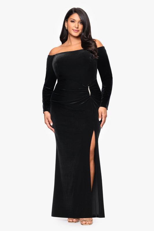 Plus "Danni" Velvet Off The Shoulder Long Sleeve Dress | Xscape Evening Black