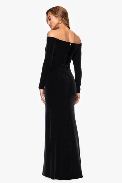 Petite "Danni" Velvet Off The Shoulder Long Sleeve Dress Black
