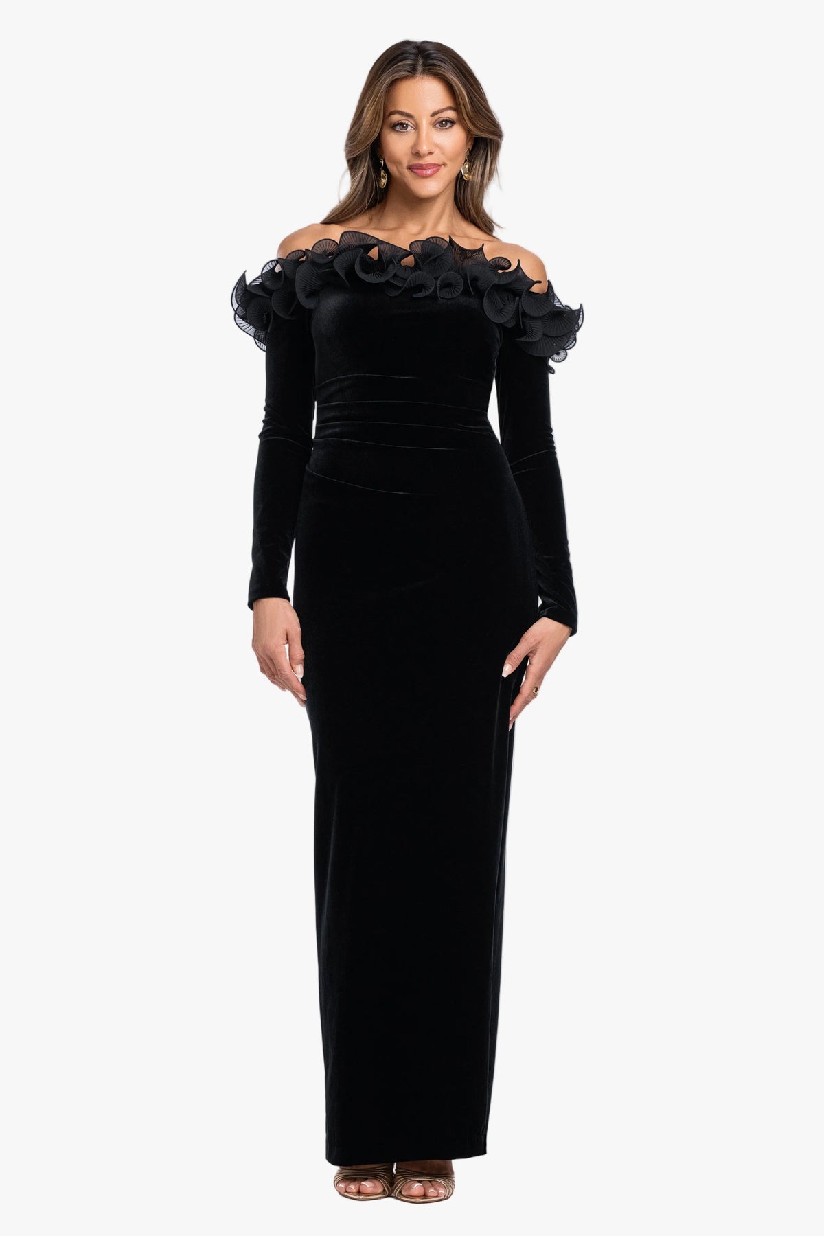 "Brennan" Velvet Long Sleeve Off Shoulder Ruffle Dress Black