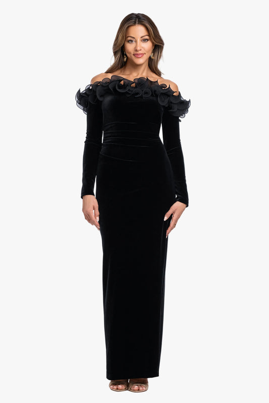 "Brennan" Velvet Long Sleeve Off Shoulder Ruffle Dress Black