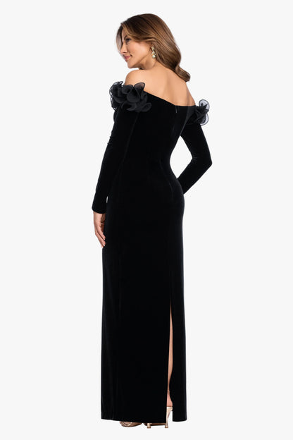 "Brennan" Velvet Long Sleeve Off Shoulder Ruffle Dress Black