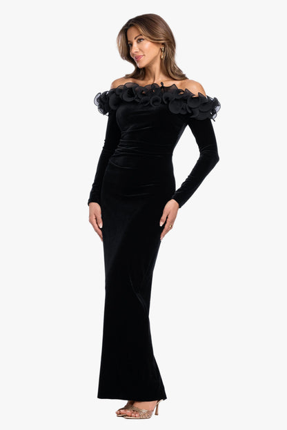 "Brennan" Velvet Long Sleeve Off Shoulder Ruffle Dress Black