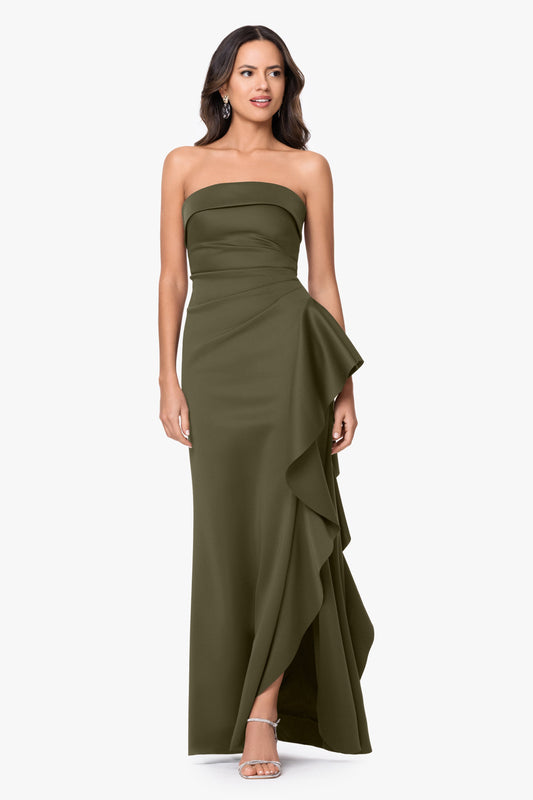 Petite "Jacqueline" Techno Scuba Strapless Ruffle Dress Olive