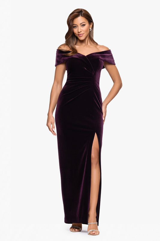 "Charmaine" Velvet Off The Shoulder Gown Maroon