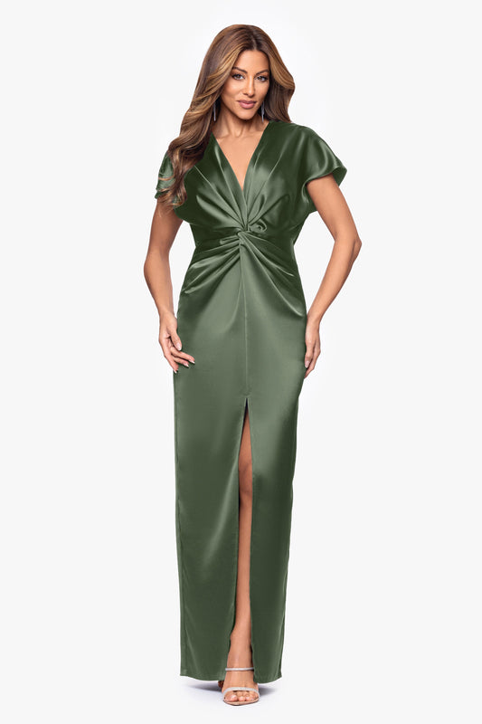 "Evelyn" Satin Short Sleeve V-Neck Tie Dress Olive
