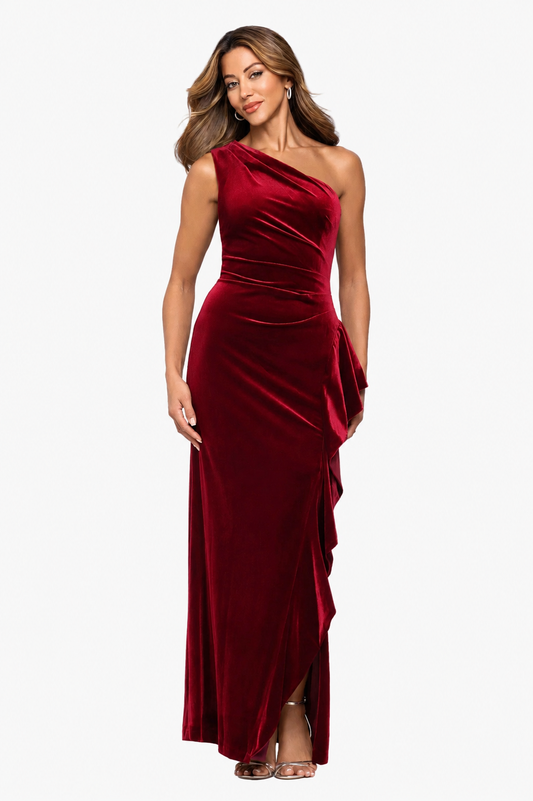 "Gemma" Stretch Velvet One Shoulder Ruffle Dress Garnet