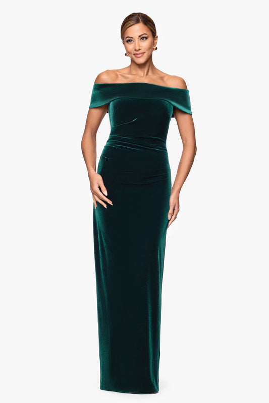 "Lori" Velvet Off The Shoulder Ruched Dress Hunter