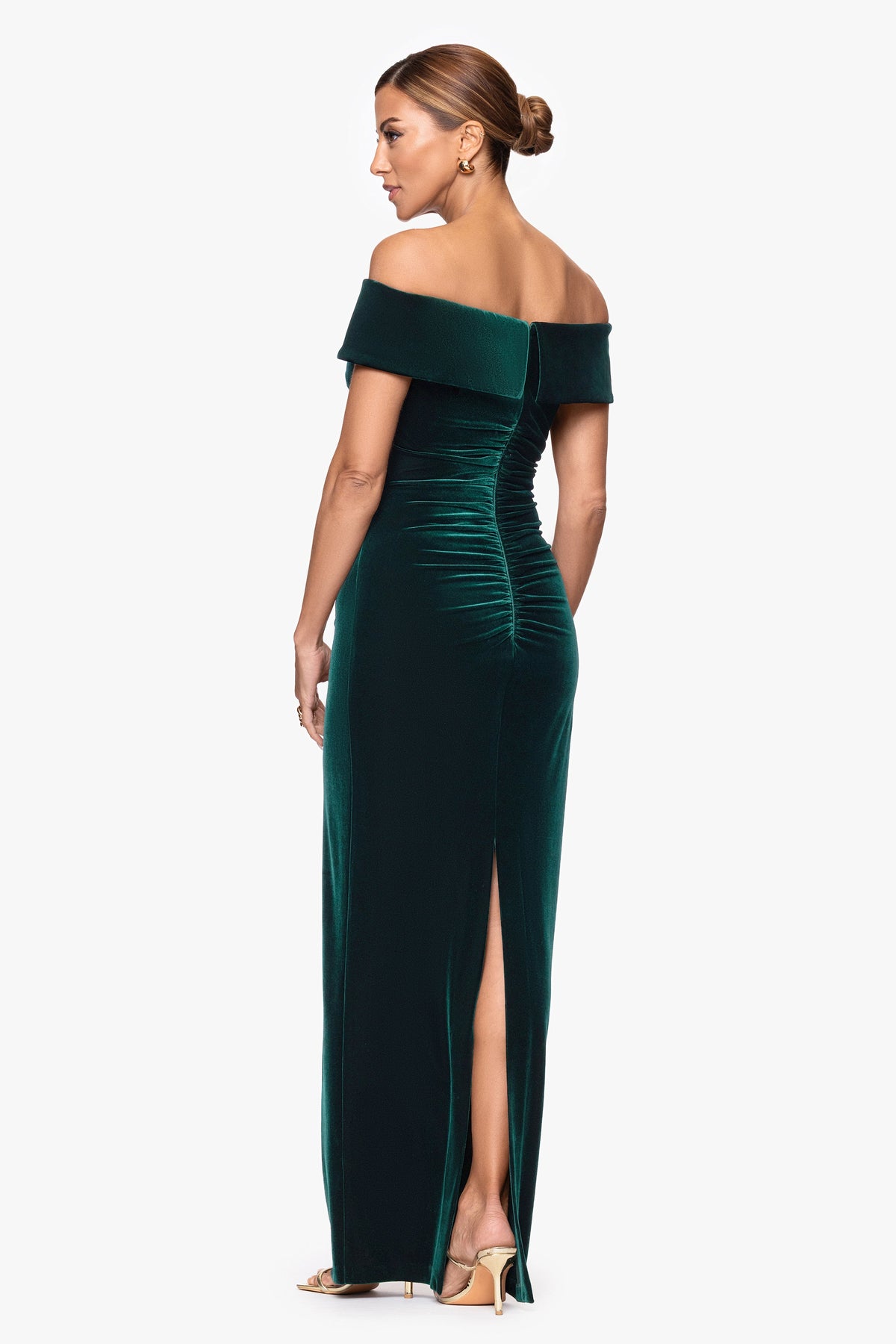 "Lori" Velvet Off The Shoulder Ruched Dress Hunter