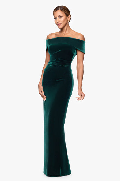 "Lori" Velvet Off The Shoulder Ruched Dress Hunter
