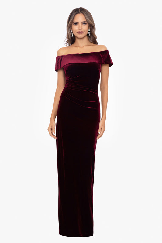 "Lori" Velvet Off The Shoulder Ruched Dress Burgundy