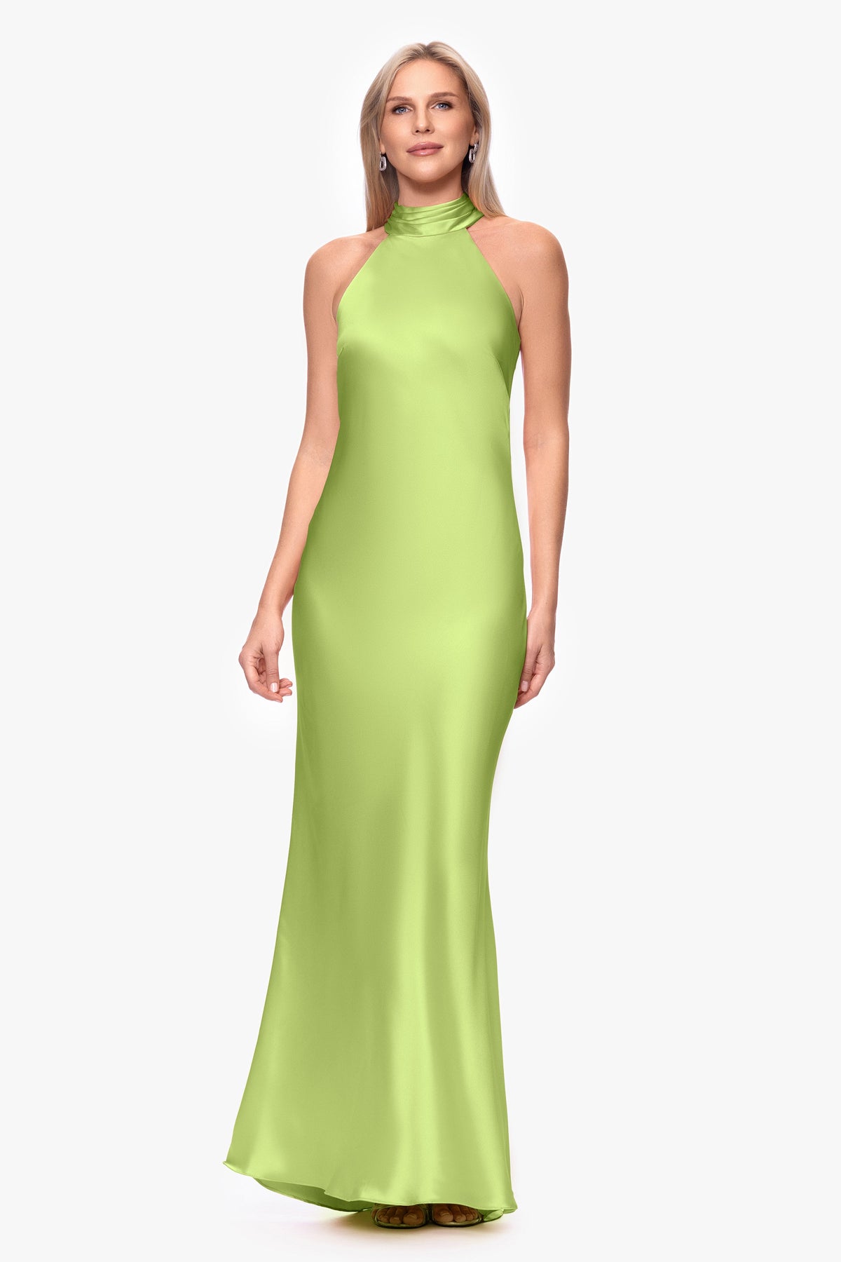 "Ruth" Satin High Tie Neck Backless Dress Lime Green