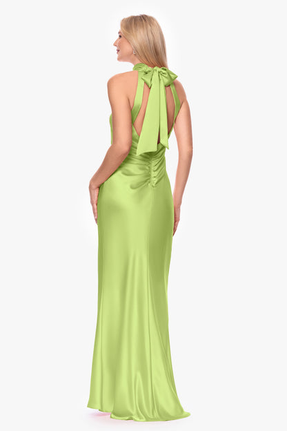 "Ruth" Satin High Tie Neck Backless Dress Lime Green