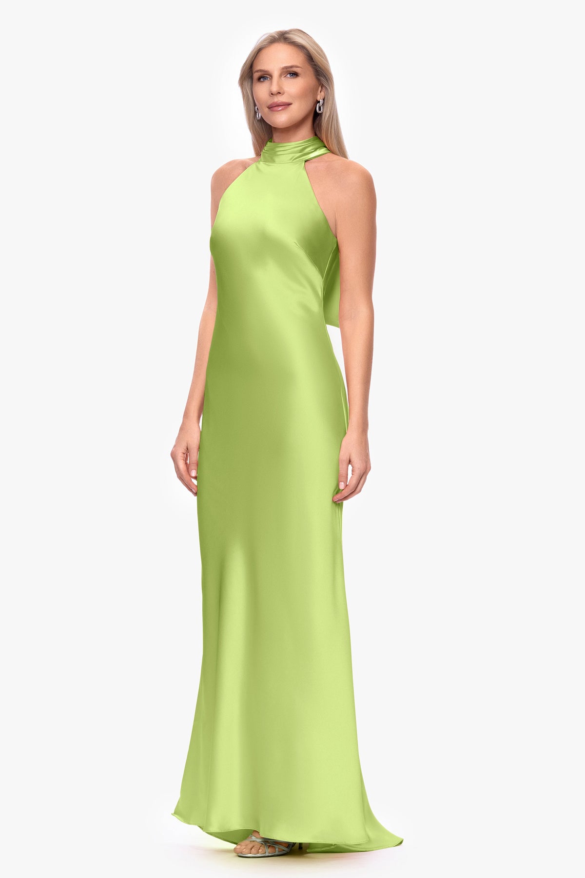 "Ruth" Satin High Tie Neck Backless Dress Lime Green
