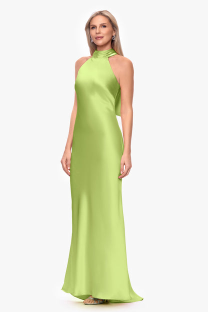 "Ruth" Satin High Tie Neck Backless Dress Lime Green