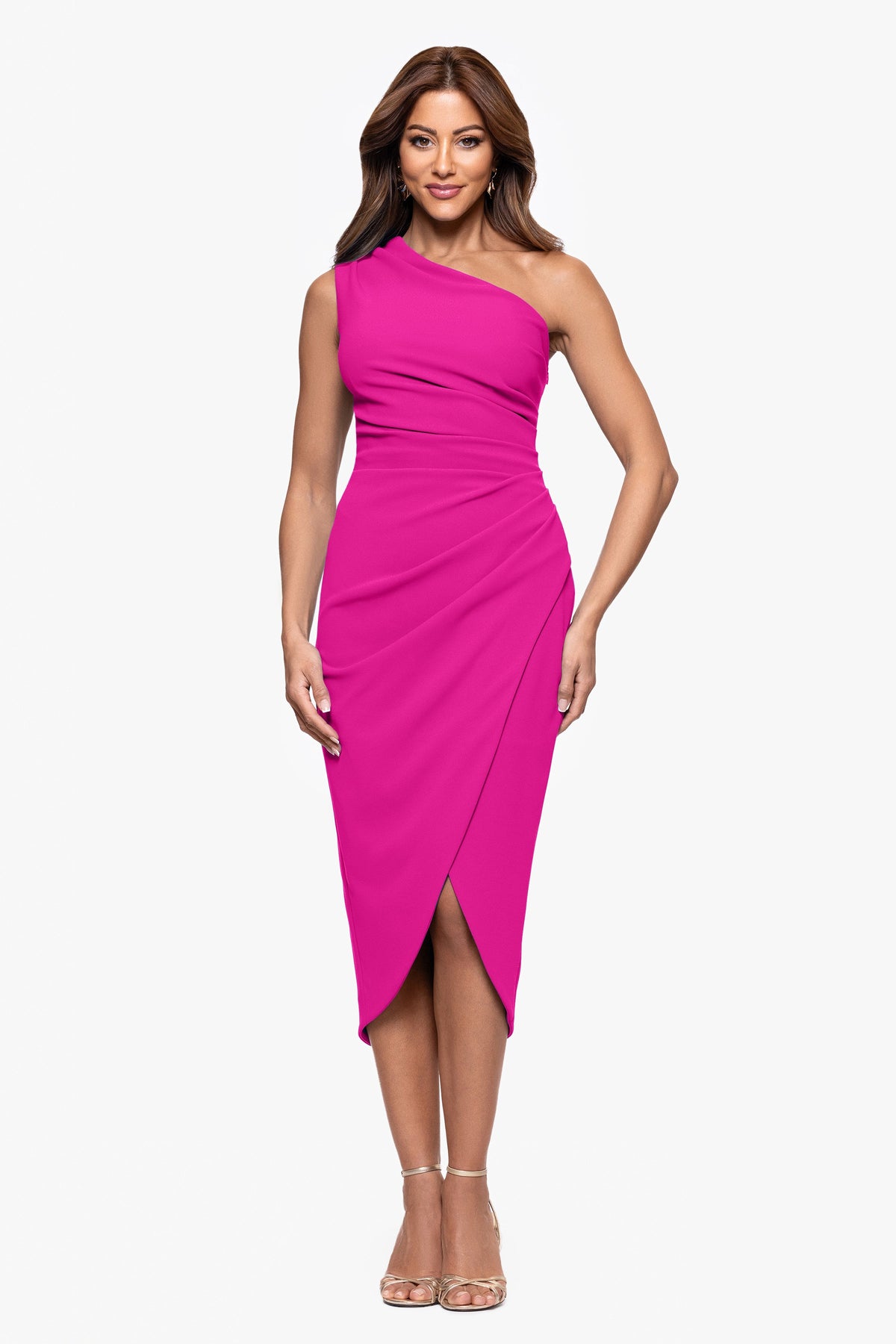 "Dakota" Scuba Crepe One Shoulder Ruched Short Dress Fuchsia