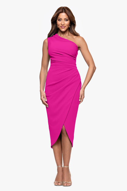"Dakota" Scuba Crepe One Shoulder Ruched Short Dress Fuchsia